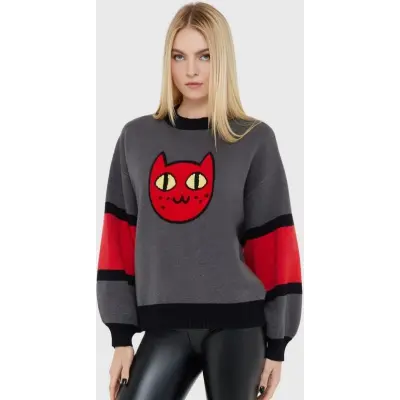 Killstar - Gothic Stickad jumper - Killstar - Adventure Time Marceline Kitty Knit Sweater - XS 4XL - för Dam - grå/röd
