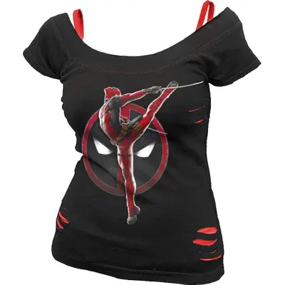 Deadpool - Marvel T-shirt - Deadpool - Pose - 2 in1 Red Ripped Top - M XL - för Dam - svart