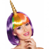 Lila Enhörningsperuk med Flerfärgad Lugg och Guldfärgat Horn