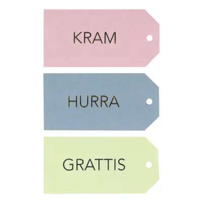 Hängetiketter Grattis/Kram/Hurra - 18-pack