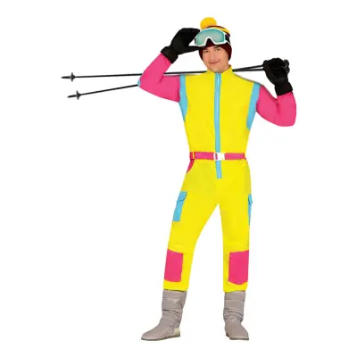 80-tals Skidoverall Rosa/Gul Herr Maskeraddräkt - Small
