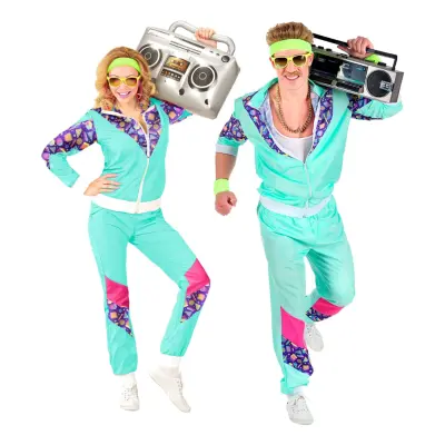 80-tals Träningsoverall Mintgrön/Lila Maskeraddräkt - Medium