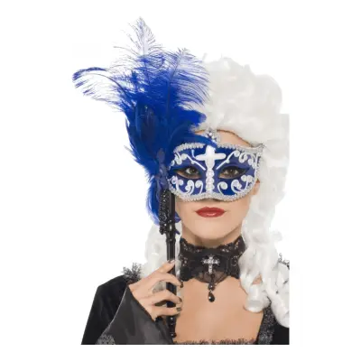 Blå & Silver Maskeradmask på Pinne