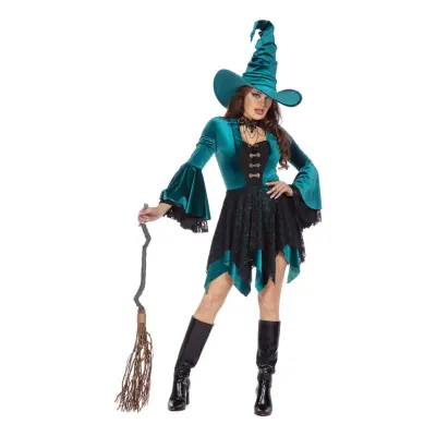 Häxa Klänning Sammet Grön Maskeraddräkt - 38