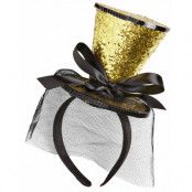 Glittrande Guldfärgad Mini Topp Hatt med Rosett och Slöja