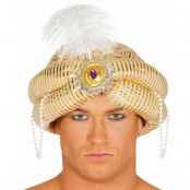 Guldfärgad Indisk Hatt med Pärlor, Sten och Fjäder