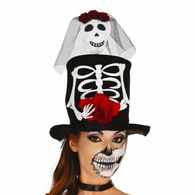 Svart Hög Hatt med Skelettmotiv