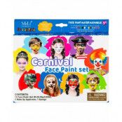 Karneval - Ansiktsmålning Set med 12 Färger, Sminkborste och Svampar.