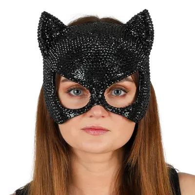 Katt Halvmask med Strass Svart - One size