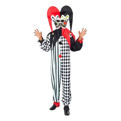 Läskig Two-Face Gycklare Röd/Svart Maskeraddräkt - Medium