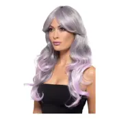 Lång Vågig Grå/Rosa Peruk - One size
