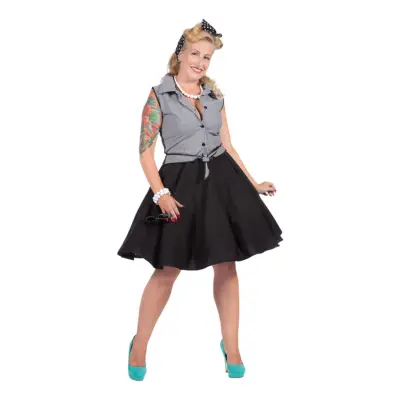 Rockabilly Klänning Svart/Vit med Kjol Maskeraddräkt - X-Large