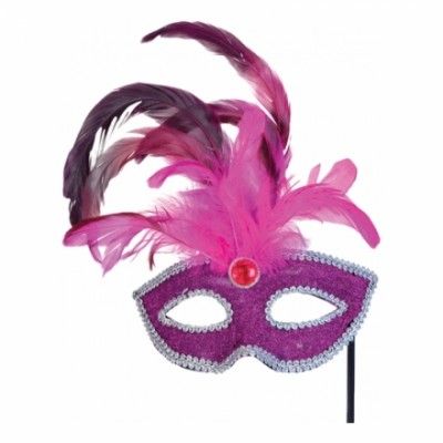 Rosa Mask med Fjädrar på Pinne