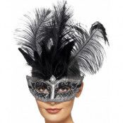 Svart och Silverfärgad Venetiansk Ögonmask med Fjäder