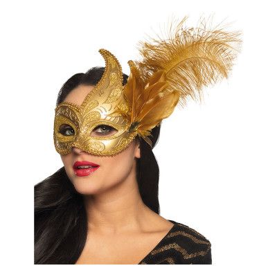 Venetiansk Ögonmask Guld med Fjädrar - One size