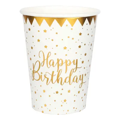 Pappersmuggar Happy Birthday Guld/Vit - 10-pack