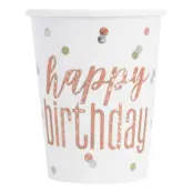 Pappersmuggar Happy Birthday Roséguld Skimmer - 8-pack