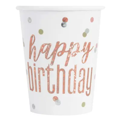 Pappersmuggar Happy Birthday Roséguld Skimmer - 8-pack