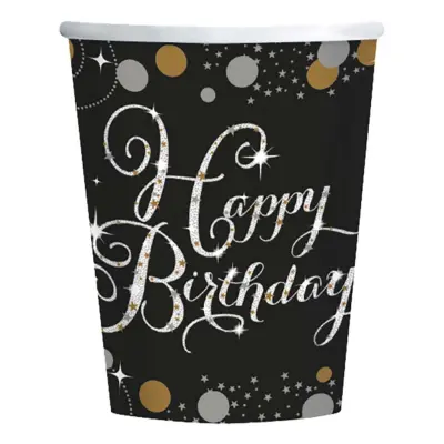 Pappersmuggar Happy Birthday Silver/Guld Glitter - 8-pack