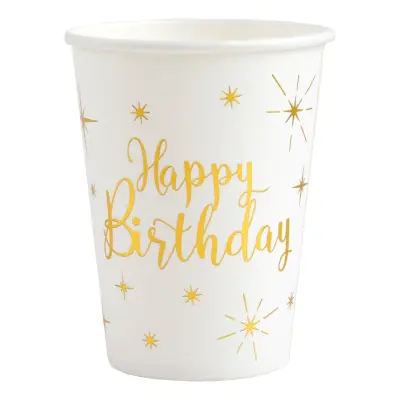 Pappersmuggar Happy Birthday Vit/Guld - 10-pack