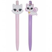 2 rosa och lila kulspetspennor med kattfigurer