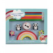 Blyerts-, suddgummi- och pennvässare med Panda och regnbågetema