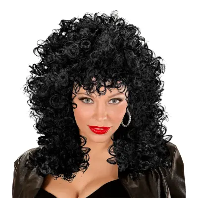 80-tals Svart Krullig Peruk - One size