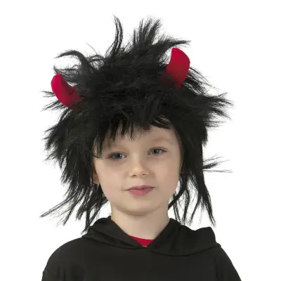 Barnperuk svart med horn - Leksaksaffären -  Leksaksaffären