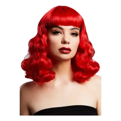 Bettie Lockig Röd Deluxe Peruk - One size