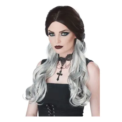 Gotisk Svart/Grå Lång Peruk - One size