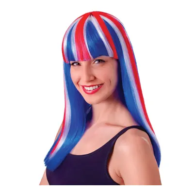 Lång Röd/Vit/Blå Peruk - One size