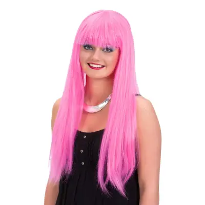 Lång Rosa Peruk med Lugg - One size