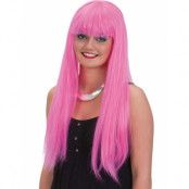 Lång rosa peruk med lugg