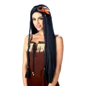 Lång Svart Peruk med Fjädrar - One size