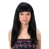 Lång Svart Peruk med Lugg - One size