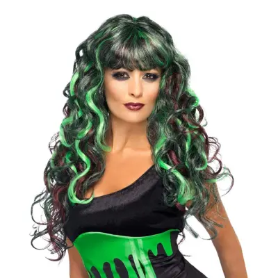 Monster Svart/Grön Lockig Peruk - One size