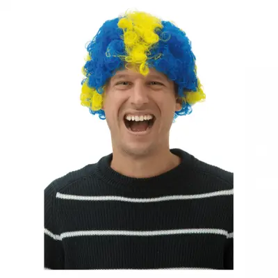 Peruk i sverige-färgerna blått och gult