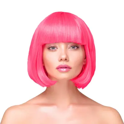 Peruk Kort Rakt Hår - Neonrosa