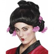 Svart Geisha Peruk med Rosa Blommor