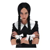 Svart Peruk med Flätor och Vita Rosetter - One size