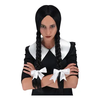 Svart Peruk med Flätor och Vita Rosetter - One size