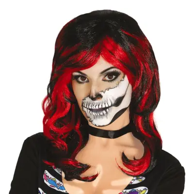 Svart Peruk med Röda Slingor - One size