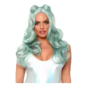 Turkos Lång Vågig Deluxe Peruk med Tofsar - One size