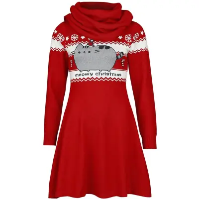 Pusheen - Anime Halvlång klänning - Christmas - M XL - för Dam - röd/vit