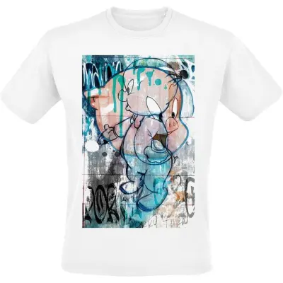 Looney Tunes - Anime T-shirt - Porky Pig - Painting - M 3XL - för Herr - vit