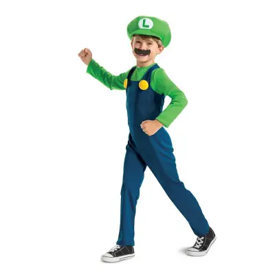 Super Mario Luigi Utklädningskläder M 7-8 år - Super Mario -  Leksaksaffären